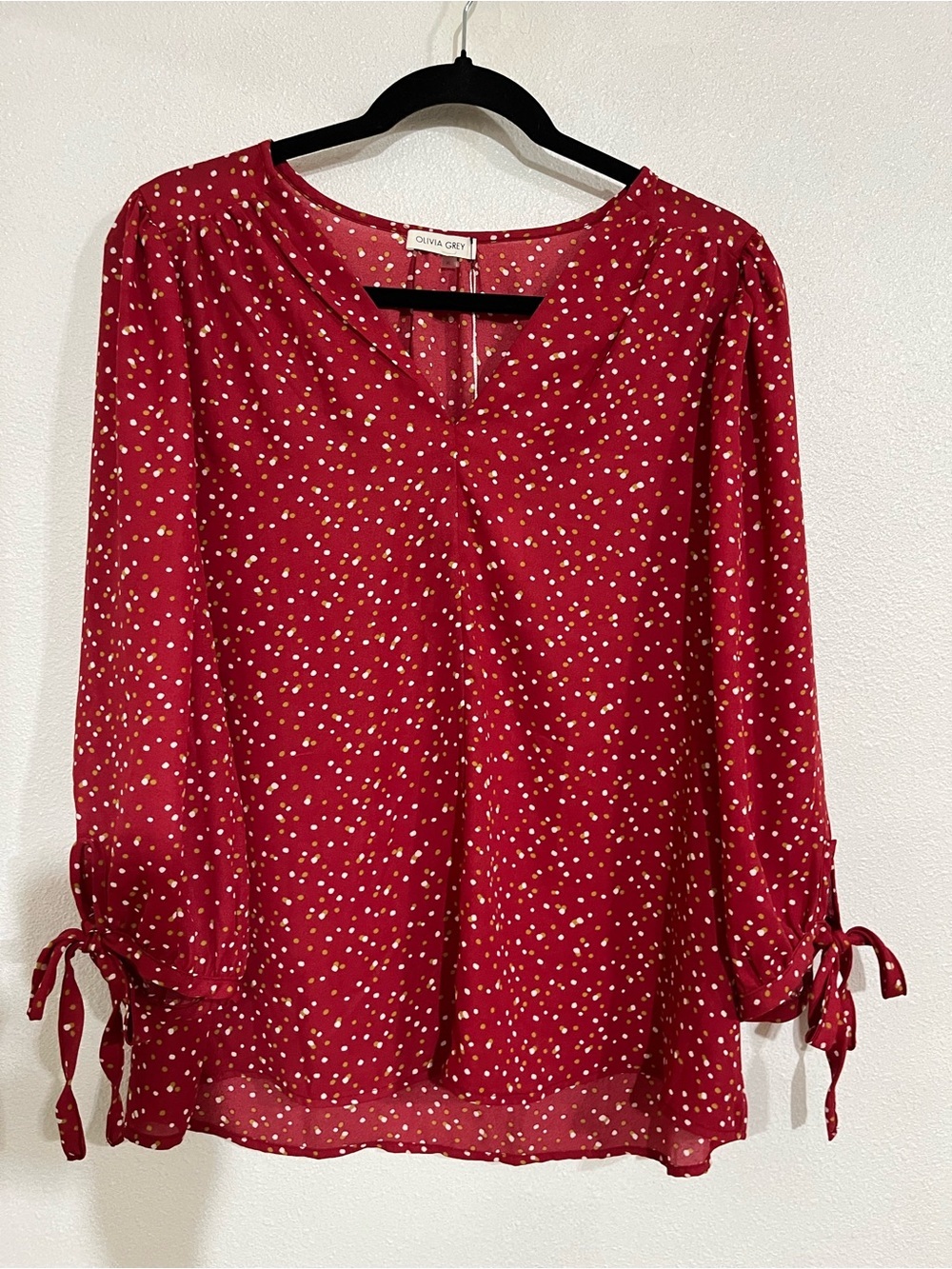Olivia Grey Cherry Dot Tie-Sleeve Blouse
